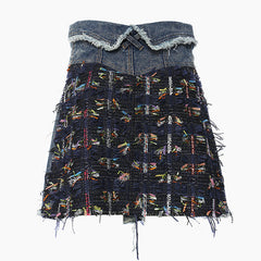 Button Front Foldover High Rise A-line Tweed Denim Mini Skirt