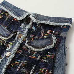 Button Front Foldover High Rise A-line Tweed Denim Mini Skirt