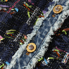 Button Front Foldover High Rise A-line Tweed Denim Mini Skirt