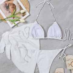 Crinkled Tie String Beaded Triangle Brazilian Three Piece Bikini Swimsuit