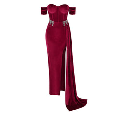 Crystal Embellished Off The Shoulder Sweetheart Corset Split Maxi Velvet Dress
