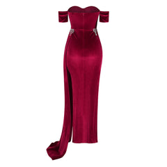 Crystal Embellished Off The Shoulder Sweetheart Corset Split Maxi Velvet Dress