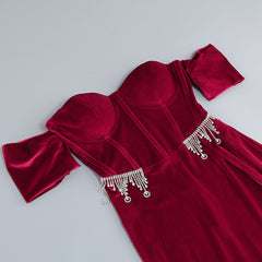 Crystal Embellished Off The Shoulder Sweetheart Corset Split Maxi Velvet Dress