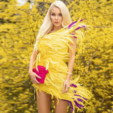 Feather Trim One Shoulder Crepe Mini Dress - Yellow