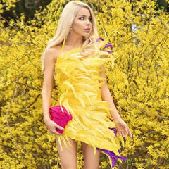 Feather Trim One Shoulder Crepe Mini Dress - Yellow