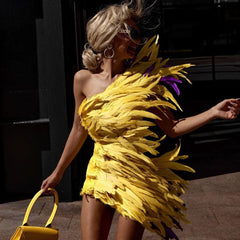 Feather Trim One Shoulder Crepe Mini Dress - Yellow