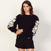 Floral Print Long Sleeve Mohair Knit Pullover Sweater - Black