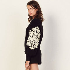 Floral Print Long Sleeve Mohair Knit Pullover Sweater - Black