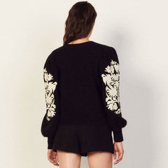Floral Print Long Sleeve Mohair Knit Pullover Sweater - Black