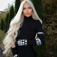 High Neck Long Sleeve Crystal Bodycon Bandage Midi Cocktail Dress