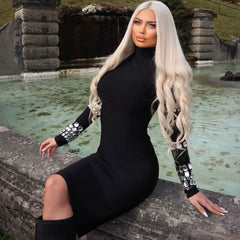 High Neck Long Sleeve Crystal Bodycon Bandage Midi Cocktail Dress