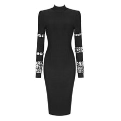 High Neck Long Sleeve Crystal Bodycon Bandage Midi Cocktail Dress