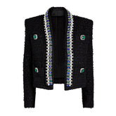 Blazer corto de tweed con cuello chal, manga larga y hombreras enjoyadas