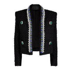 Blazer corto de tweed con cuello chal, manga larga y hombreras enjoyadas