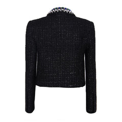 Blazer corto de tweed con cuello chal, manga larga y hombreras enjoyadas