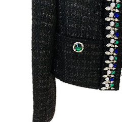 Blazer corto de tweed con cuello chal, manga larga y hombreras enjoyadas