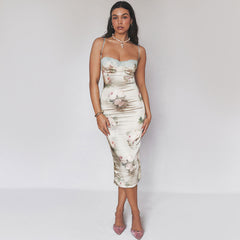 Lace Trim Bustier Spaghetti Strap Floral Print Bodycon Midi Satin Dress