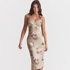 Lace Trim Bustier Spaghetti Strap Floral Print Bodycon Midi Satin Dress