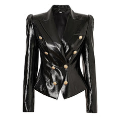 Chaqueta de cuero vegano brillante con solapa, doble botonadura y cintura ajustada en tono dorado