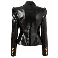Chaqueta de cuero vegano brillante con solapa, doble botonadura y cintura ajustada en tono dorado
