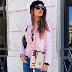 Chaqueta de tweed de manga larga con botones y flecos con ribete de perlas - Rosa