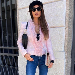 Chaqueta de tweed de manga larga con botones y flecos con ribete de perlas - Rosa