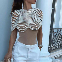 Metallic Finish Contrast Layered Imitation Pearl Choker Body Chain