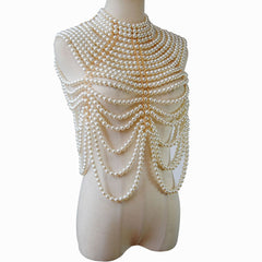 Metallic Finish Contrast Layered Imitation Pearl Choker Body Chain
