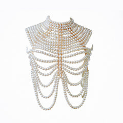 Metallic Finish Contrast Layered Imitation Pearl Choker Body Chain