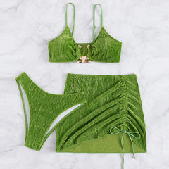Notch Ring Velvet Shirred Brazilian Three Piece Bikini Swimsuit