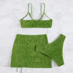 Notch Ring Velvet Shirred Brazilian Three Piece Bikini Swimsuit