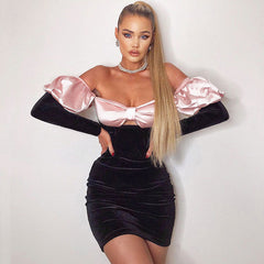 Off Shoulder Puff Sleeve Knot Front Velvet Mini Dress - Black