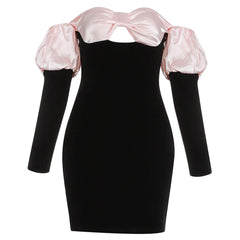 Off Shoulder Puff Sleeve Knot Front Velvet Mini Dress - Black