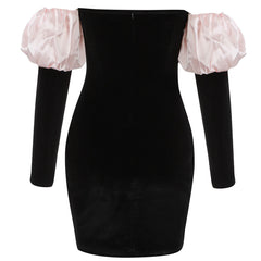 Off Shoulder Puff Sleeve Knot Front Velvet Mini Dress - Black