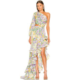 Abendkleid aus Satin mit Rüschen und Blumenmuster und One-Shoulder-Ausschnitt - Lila