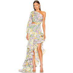 One Shoulder Cutout Satin Ruffle Floral Evening Dress - Purple