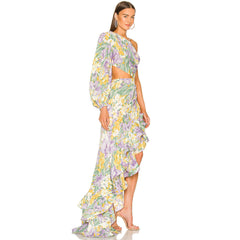 One Shoulder Cutout Satin Ruffle Floral Evening Dress - Purple