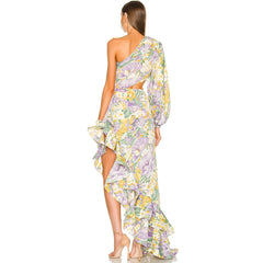 One Shoulder Cutout Satin Ruffle Floral Evening Dress - Purple