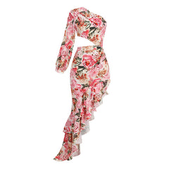 One Shoulder Cutout Satin Ruffle Floral Evening Dress - Pink