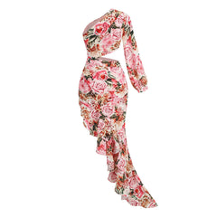 One Shoulder Cutout Satin Ruffle Floral Evening Dress - Pink