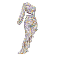 One Shoulder Cutout Satin Ruffle Floral Evening Dress - Purple