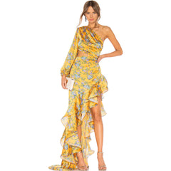 One Shoulder Cutout Satin Ruffle Floral Evening Dress - Yellow