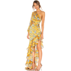 One Shoulder Cutout Satin Ruffle Floral Evening Dress - Yellow