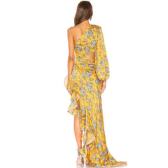 One Shoulder Cutout Satin Ruffle Floral Evening Dress - Yellow