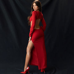 Oversized Bow Boat Neck Bodycon Long Sleeve Thigh Split Cut Out Maxi Dress