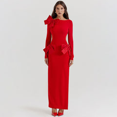 Oversized Bow Boat Neck Bodycon Long Sleeve Thigh Split Cut Out Maxi Dress
