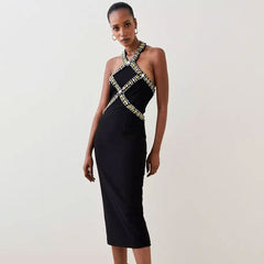 Rhinestone Embellished Halter Neck Open Back Bandage Midi Cocktail Dress