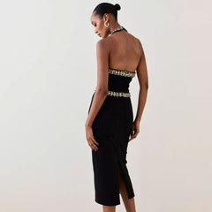 Rhinestone Embellished Halter Neck Open Back Bandage Midi Cocktail Dress