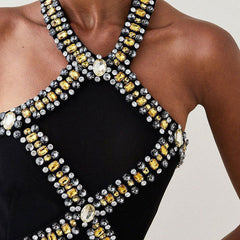 Rhinestone Embellished Halter Neck Open Back Bandage Midi Cocktail Dress