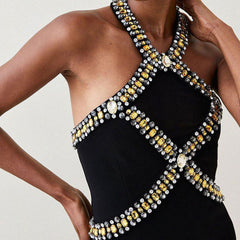 Rhinestone Embellished Halter Neck Open Back Bandage Midi Cocktail Dress